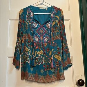 Soft Surroundings Mirapani Embroidered Beaded Tassels Tunic Top**
